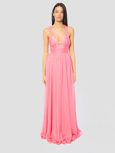 ERMANNO FIRENZE-Abito Lungo in Chiffon con Corpetto Plissé Rosa-TRYME Shop