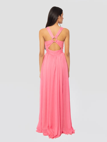 Robe longue en chiffon avec corsage plissé rose