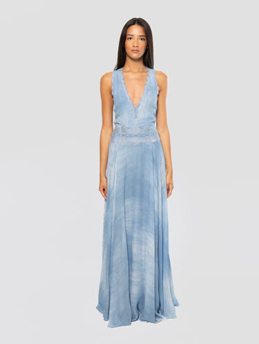 ERMANNO FIRENZE-Abito Lungo Stampa Denim con Ricami Blu-TRYME Shop