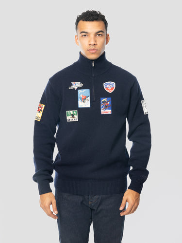 MC2 SAINT BARTH-Maglione Mezza Zip in Lana Patch Ski Blu-TRYME Shop