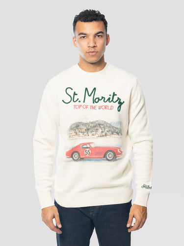 MC2 SAINT BARTH-Maglione in Misto Cashmere con Ricamo St. Moritz top of the World Bianco-TRYME Shop
