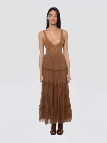ERMANNO FIRENZE-Abito Midi in Chiffon con Corpetto in Crochet Marrone-TRYME Shop