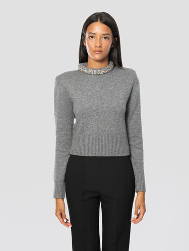 PINKO-Maglia Cropped con Collo Gioiello Grigio-TRYME Shop