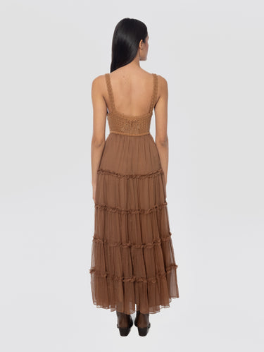 Midi Jurk van Chiffon met Gehaakt Korset Bruin