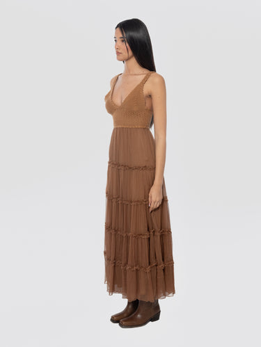 Midi Jurk van Chiffon met Gehaakt Korset Bruin