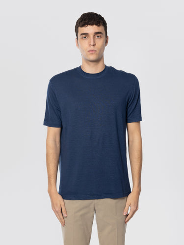 FILIPPO DE LAURENTIIS-T-shirt Girocollo in Lino Indaco-TRYME Shop