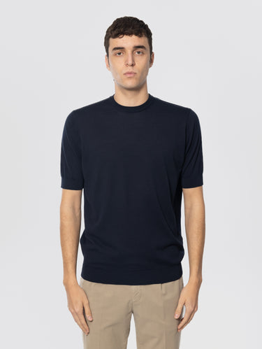 FILIPPO DE LAURENTIIS-Maglia Girocollo in Cotone Crepe Blu-TRYME Shop