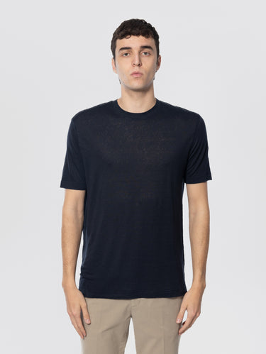 FILIPPO DE LAURENTIIS-T-shirt Girocollo in Lino Blu-TRYME Shop