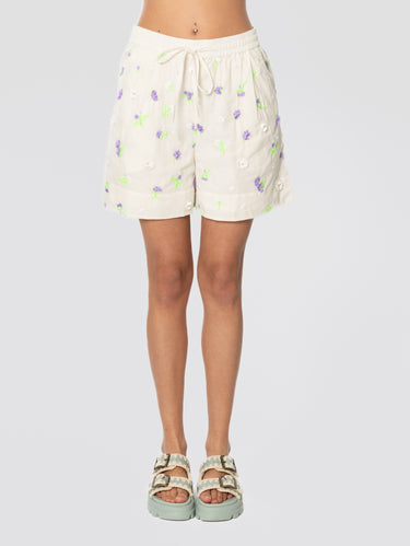 ESSENTIEL ANTWERP-Pantaloncini in Cotone con Ricami e Pailletes Bianco-TRYME Shop