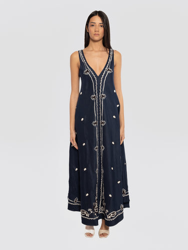 P.A.R.O.S.H.-Abito Lungo in Lino con Ricami Blu-TRYME Shop