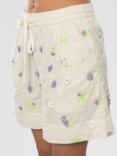 Pantaloncini in Cotone con Ricami e Pailletes Bianco
