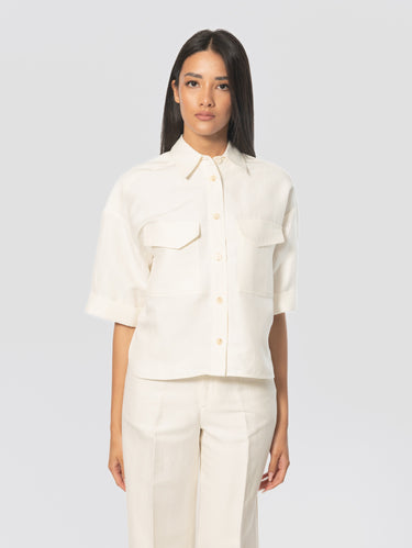 CLOSED-Camicia Utiliy Maniche Corte in Misto Lino Avorio-TRYME Shop