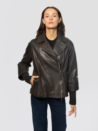 THE JACKIE-Giacca in Pelle con Zip Laterale Marrone-TRYME Shop
