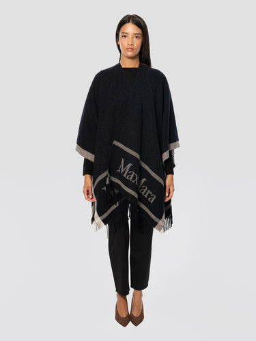 MAX MARA-Poncho in Lana con Frange Hilde Blu Marino-TRYME Shop