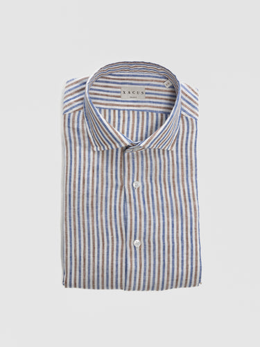 XACUS-Camicia in Lino a Righe Sottili Blu/Marrone-TRYME Shop