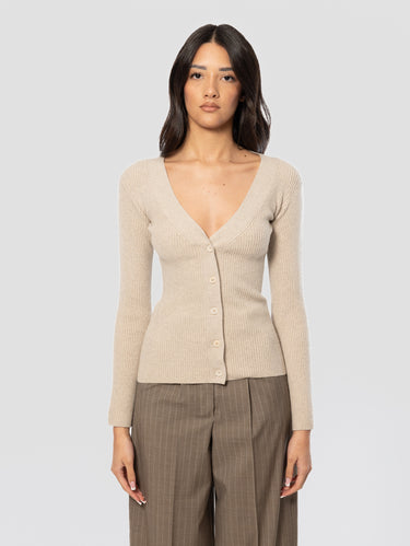 MAX MARA-Cardigan a Coste in Lana e Cashmere Beige-TRYME Shop