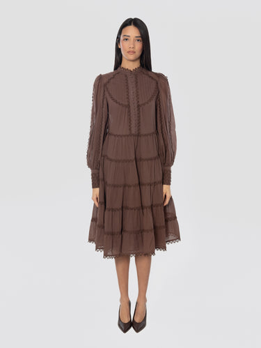 ERMANNO FIRENZE-Abito con Balze in Mussola di Cotone Marrone-TRYME Shop