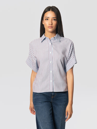 CLOSED-Camicia in Viscosa a Righe Maniche Corte Celeste-TRYME Shop