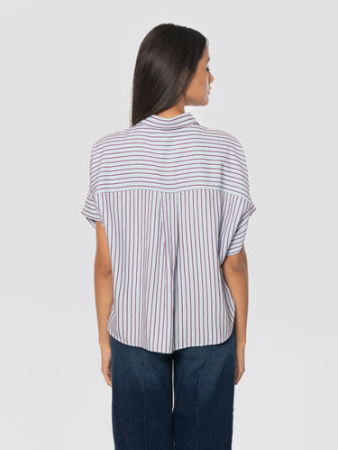 Camicia in Viscosa a Righe Maniche Corte Celeste