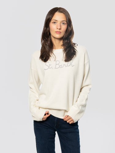 MC2 SAINT BARTH-Maglione Oversize in Misto Cashmere con Ricamo St. Barth Bianco-TRYME Shop