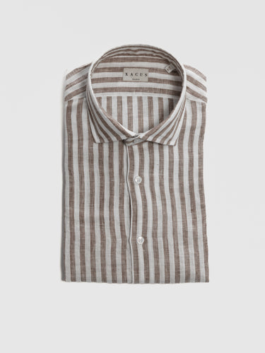 XACUS-Camicia in Lino a Righe Medie Bianco/Marrone-TRYME Shop