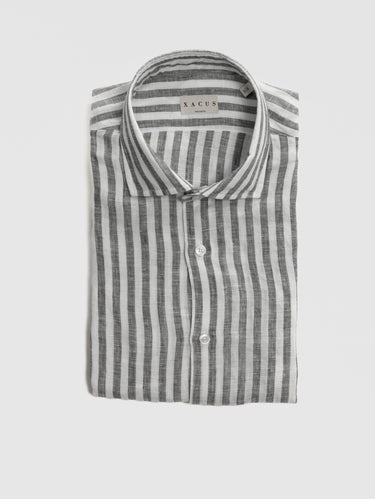 XACUS-Camicia in Lino a Righe Medie Bianco/Verde-TRYME Shop