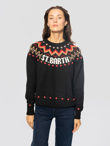 MC2 SAINT BARTH-Maglione Girocollo con Motivo e Scritta Nero-TRYME Shop