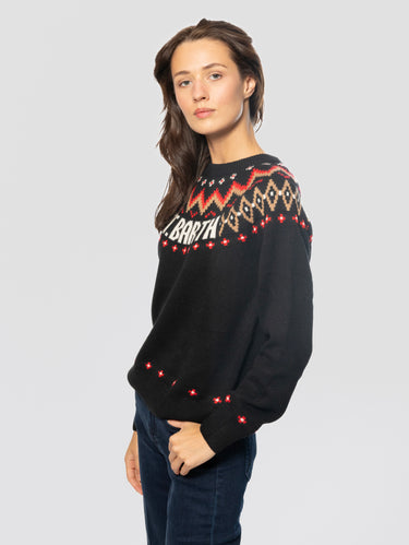 Black Crewneck Sweater with Pattern and Text
