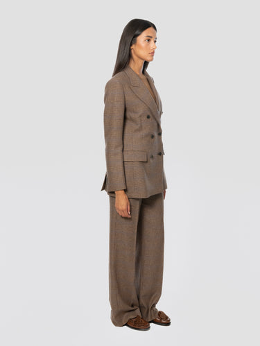 Brown Oversized Double-Breasted Prince of Wales Wool-Blend Jacket