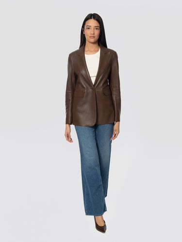 P.A.R.O.S.H.-Giacca Blazer Mono Bottone in Pelle Marrone-TRYME Shop