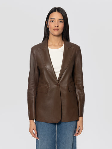 Single-Button Leather Blazer Brown
