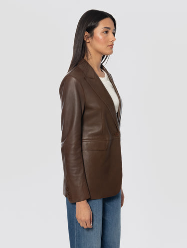 Single-Button Leather Blazer Brown