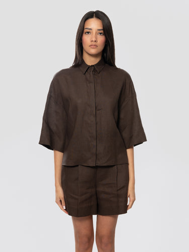 MAX MARA MM-Camicia Cropped in Lino Marrone-TRYME Shop