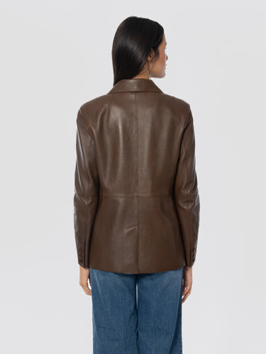 Single-Button Leather Blazer Brown