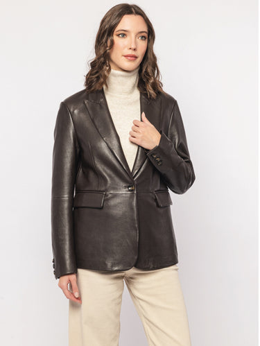 THE JACKIE-Blazer in Pelle con Chiusura ad un Bottone Marrone-TRYME Shop