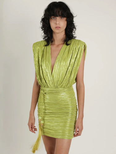 SABINA MUSÁYEV-Abito Corto Plissé in Lurex Verde Lime-TRYME Shop