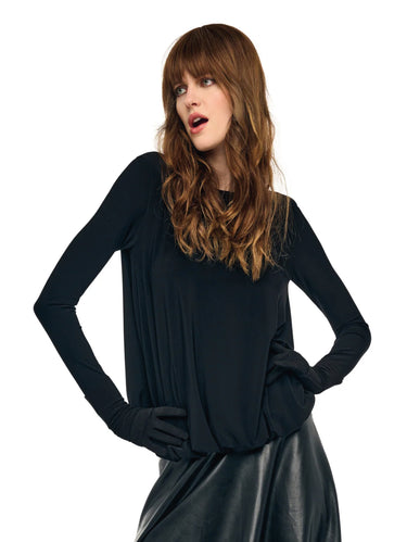 NORMA KAMALI-Top Maniche Lunghe con Pieghe Nero-TRYME Shop