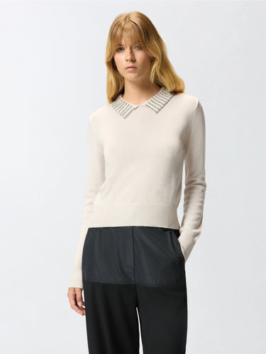 PINKO-Maglia Aderente con Colletto con Strass Beige-TRYME Shop