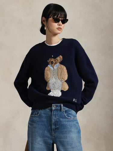 RALPH LAUREN-Maglione in Lana e Cashmere con Polo Bear Blu-TRYME Shop