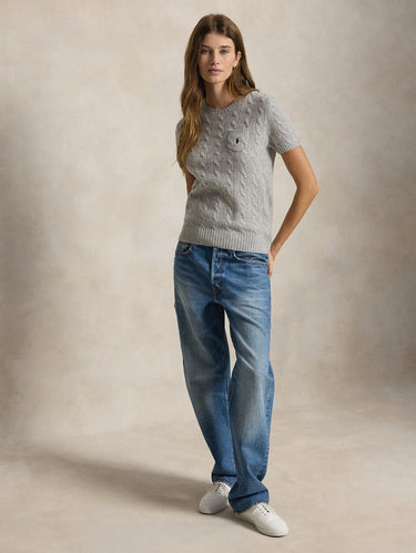 Grey Short-Sleeve Cable-Knit Sweater