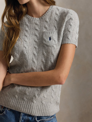 Grey Short-Sleeve Cable-Knit Sweater