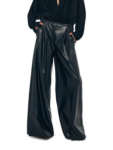 NORMA KAMALI-Pantaloni in Ecopelle a Vita Alta Nero-TRYME Shop