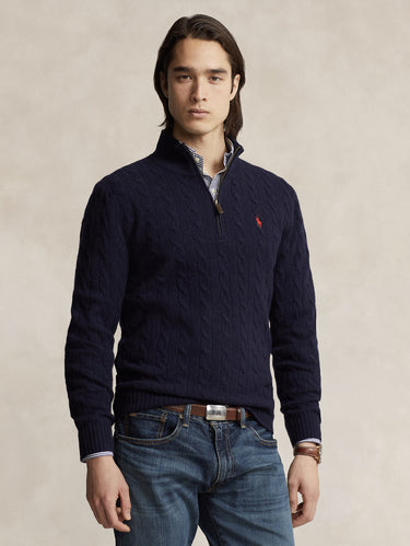 RALPH LAUREN-Maglia Mezza Zip a Trecce Blu Navy-TRYME Shop