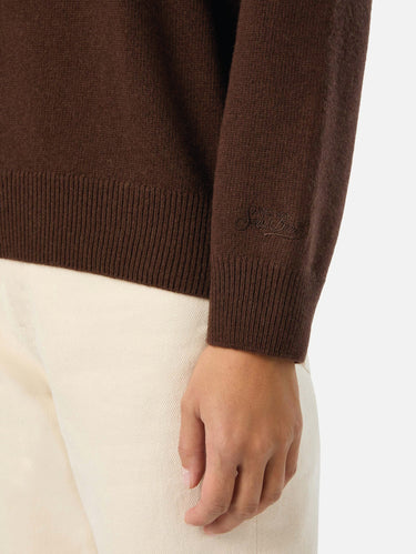 Maglione Oversize in Misto Cashmere con Ricamo Non vivo Senza Te Marrone