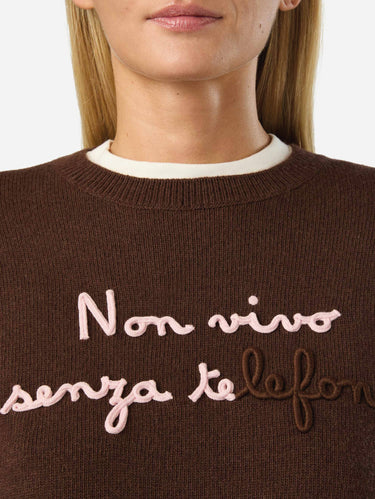 Maglione Oversize in Misto Cashmere con Ricamo Non vivo Senza Te Marrone