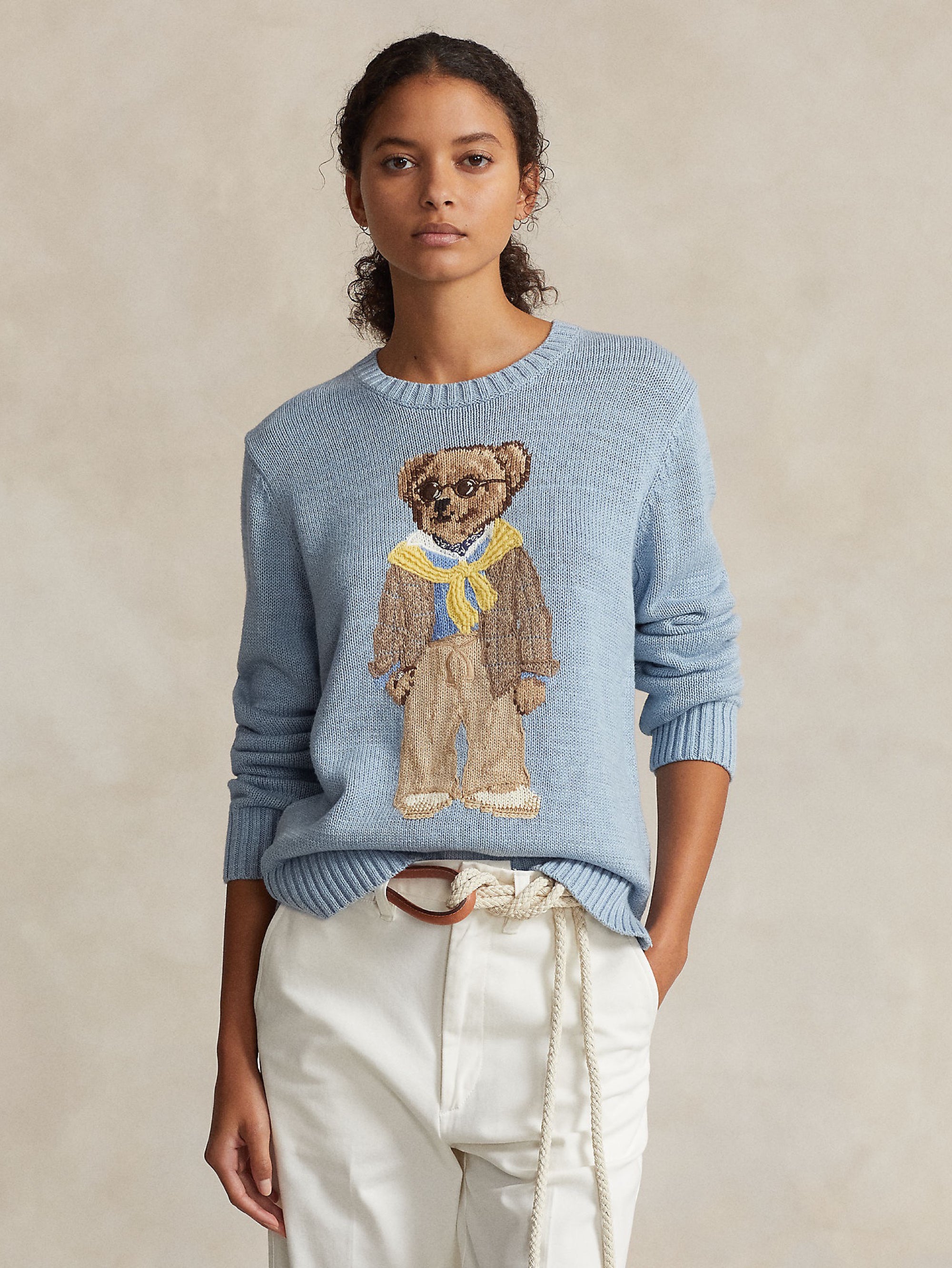RALPH LAUREN - Crew-neck sweater with light blue Polo Bear