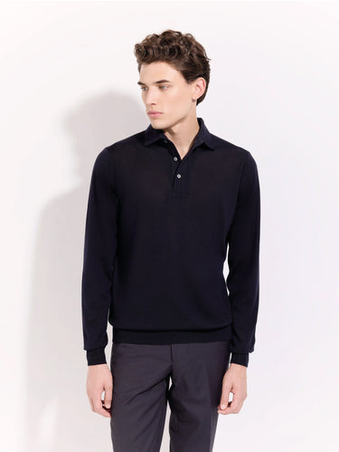 FILIPPO DE LAURENTIIS-Polo con Collo Paramontatura in Merinos Blu-TRYME Shop
