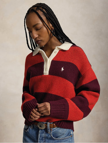 RALPH LAUREN-Maglione Stile Polo Da Rugby a Righe Rosso-TRYME Shop