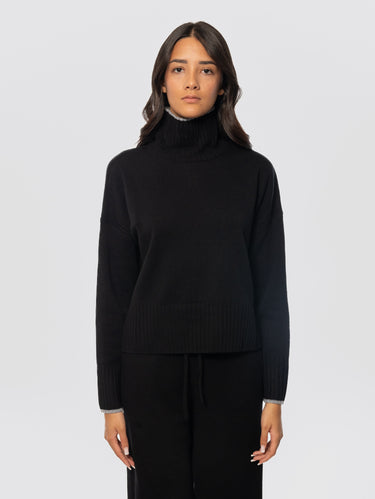 PINKO-Dolcevita con Filato a Contrasto in Lana e Cashmere Nero-TRYME Shop