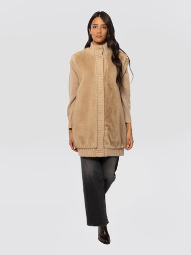 PINKO-Gilet Lungo in Tessuto Aspen Effetto Pelliccia Beige-TRYME Shop